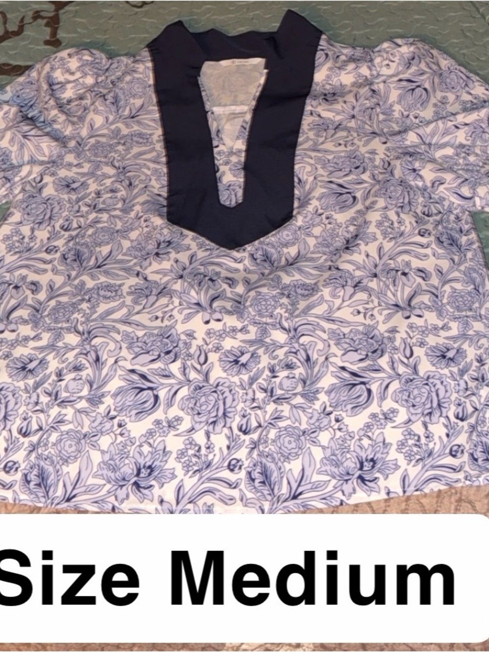 Cicy Blue Floral V-Neck Blouse with Navy Trim